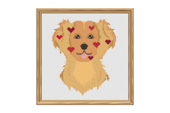 Happy Golden Retriever with Hearts Cross Stitch Pattern